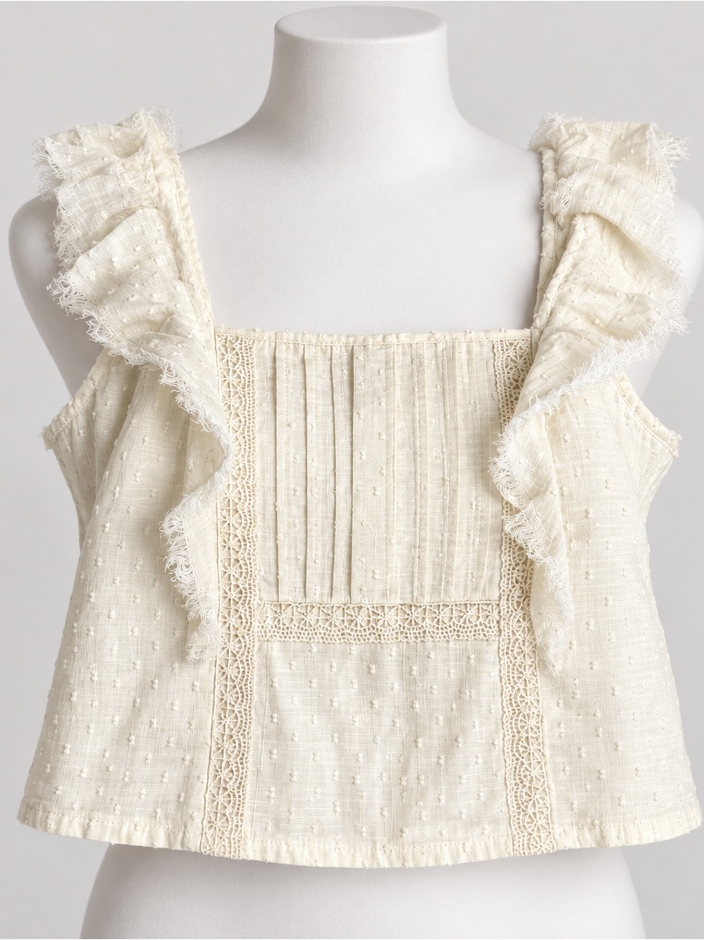 NWT True Craft Cream Swiss Dot Ruffle Cropped Top Size Medium